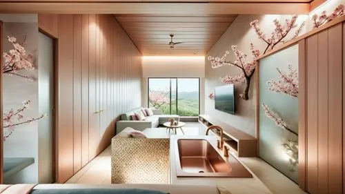 This photo showcases the living room and small kitchen of a hotel suite located in Puli, Taiwan, with a design that incorporates elements of spring cherry blossoms. The suite features modern furniture