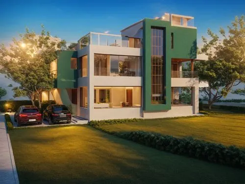 use the color E2DAD6
,there are cars parked in front of a green and white building,residencial,3d rendering,modern house,residential house,townhomes,duplexes,baladiyat,render,smart house,holiday villa