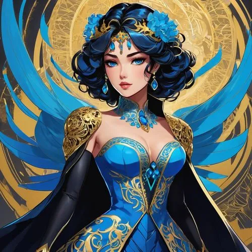 diana,blue enchantress,sona,eldena,zodiac sign libra,queen of the night,emperatriz,esmeralda,masquerade,morgana,luthra,amuria,dark blue and gold,qianwen,goddess of justice,bayonetta,chunli,sapphire,fantasy woman,fantasia,Conceptual Art,Daily,Daily 24