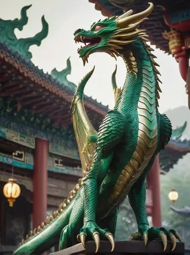 Long neck dragon, ancient mythical creature, green scales glistening in sunlight, slender serpentine body, majestic wings spread wide, sharp claws grasping air, whisker-like tendrils on chin, wise anc