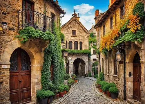 Oley Valley, ancient town, European-style architecture, antique buildings, stone walls, wooden doors, stained glass windows, ivy-covered facades, old lanterns, winding cobblestone streets, vintage str