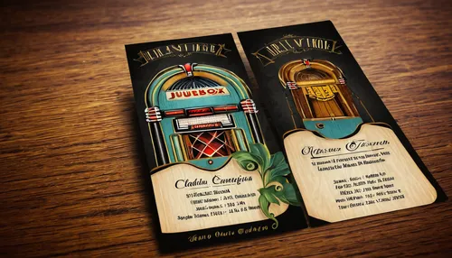 Design an elegant jukebox business card for a high-end music lounge.,vintage labels,card deck,collectible card game,deck of cards,jukebox,bookmark,drink ticket,bookmarker,vintage theme,diving gondola,