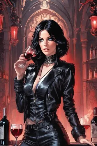 bloodrayne,bartender,barmaid,zatara,brubaker,sommelier,romanoff,contessa,giovino,zatanna,selina,belladonna,blackthorne,femme fatale,elvira,barkeeper,vampire woman,ravenloft,headmistress,a glass of wine,Digital Art,Comic