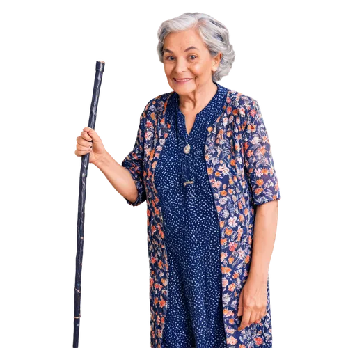 Very old woman, elderly lady, solo, (80+ yo), wrinkled face, age spots, silver hair, thinning eyebrows, warm smile, gentle eyes, worn-out hands, floral pattern dress, loose fit, walking stick, standin