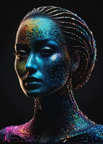 geometric ai file,neon body painting,andromeda,computer art,digiart,ai,avatar,humanoid,echo,bjork,head woman,cinema 4d,artificial intelligence,human,android inspired,fractalius,bodypaint,cyborg,gradient mesh,woman sculpture,Conceptual Art,Oil color,Oil Color 11