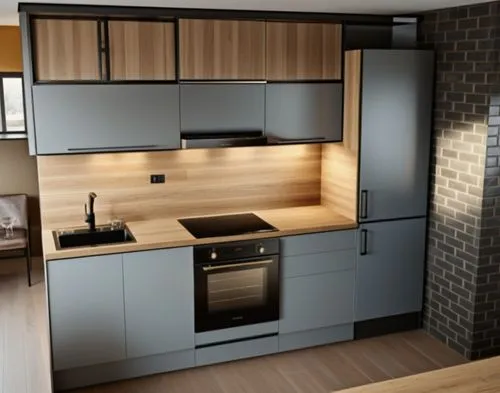 un moderno contrasto di colori tar ardesia e nero con finiturew ner a contrasto con il calore del legno regalano agli ambienti un tocco di calore sofisticato ,a large kitchen with light wood floors an