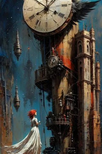 "Create a surreal, steampunk-inspired scene featuring a woman with vivid red hair wearing a flowing white dress, standing on the edge of a precipice. She gazes outward, her dress slightly billowing in