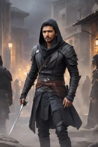 Solo full body picture of 5'7'' tall assassin wearing black leather armor with a black hood,Black Rogue Assassin,khilji,atharva,dronacharya,puneeth,shanmuganathan,ertugrul,Digital Art,Impressionism