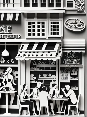 viennese cuisine,paris cafe,pastry shop,parisian coffee,paris shops,restaurant bern,french confectionery,paris clip art,pâtisserie,new york restaurant,the coffee shop,cake shop,sugar house,ice cream parlor,friterie,street cafe,bistrot,facade painting,clue and white,vintage illustration,Unique,Paper Cuts,Paper Cuts 04