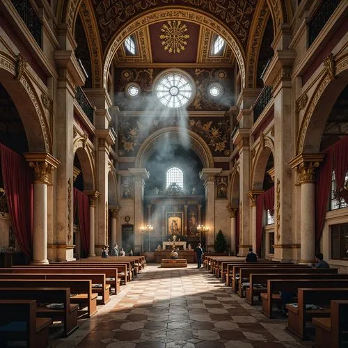 Byzantine-style church, ornate stone carvings, gilded mosaics, rustic terracotta tiles, weathered copper domes, grandiose archways, intricate frescoes, polished marble floors, ornamental ironwork, ric