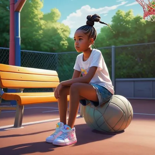 cute, 10 year old, African American, female, hairstyle in black boxbraids in a ponytail, wearing jean shorts and a white t-shirt, colorful sneaker, BACKGROUND sitting on a bench at the basketball cour