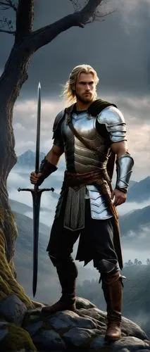 Aelin Fancast, male, young adult, fantasy warrior, muscular arms, broad chest, blonde hair, braided beard, silver armor, sword on back, standing heroically, misty mountains, ancient trees, foggy atmos