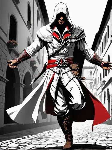 templar,assassin,assassins,hooded man,swordsman,kenjutsu,martial arts uniform,blade,sanshou,matador,sheik,swordsmen,dodge warlock,awesome arrow,buchardkai,reaper,red hood,martial arts,shinobi,spawn,Illustration,Black and White,Black and White 04