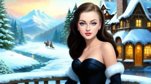 Romantic masterpiece oil painting, cute girl portrait, nostalgic 1950's style kitsch, breathtaking beautiful winter kingdom landscape, majestic fantasy scenery, evening lighting, highly detailed highr