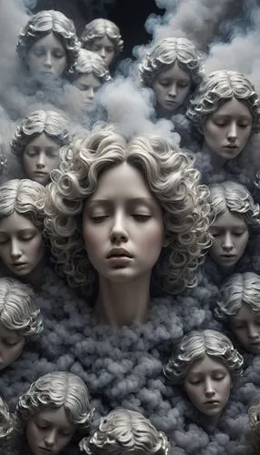 A cluster of angels, having the fair-hair and melancholy faces, peeping out of the rolling volumes of smoke,many different heads with smoke coming out of them,photo manipulation,idealised,woman thinki