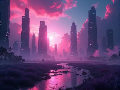 futuristic landscape,purple landscape,fantasy landscape,dusk,purple wallpaper,pink dawn