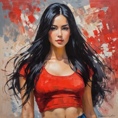 young woman,asian woman,on a red background,oil painting on canvas,oil painting,girl portrait,red background,red,portrait of a girl,man in red dress,mulan,oil on canvas,danila bagrov,painting technique,art painting,mma,santana,lady in red,woman portrait,vietnamese woman,Conceptual Art,Oil color,Oil Color 10