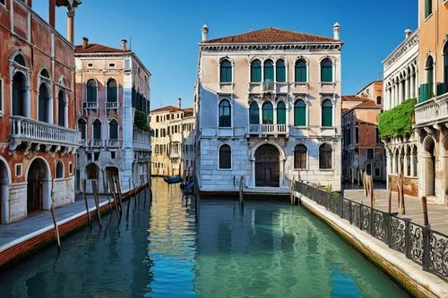 Canal architecture design, grand canal scene, Venice style, Baroque buildings, ornate bridges, water reflection, sunny day, clear blue sky, white marble columns, intricate carvings, golden decorations