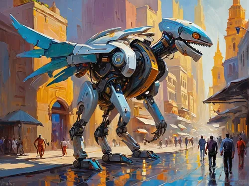 drexel,mecha,mech,stegosaurus,exoskeleton,cyberpunk,dino,cynorhodon,tau,dinosaur,decepticon,evangelion,rubber dinosaur,futuristic,tyrannosaurus,transformer,sci fiction illustration,evangelion mech unit 02,autonomous,griffon bruxellois,Conceptual Art,Oil color,Oil Color 22