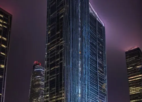 Demattei Wong architecture, modern skyscraper, sleek lines, silver-gray steel, reflective glass, angular rooftop, intricate details, urban cityscape, bustling streets, nighttime scene, neon lights, vi