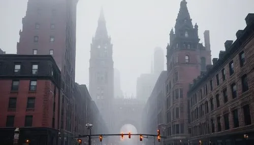 Historic Chicago, old architecture, grandiose building, intricate stonework, ornate details, Gothic spires, Romanesque columns, vintage street lamps, worn-out brick roads, foggy atmosphere, morning mi