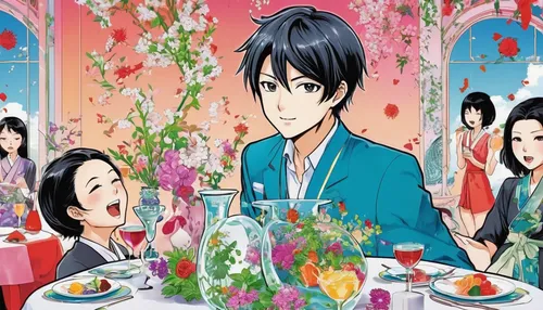 anime cartoon,wedding banquet,anime 3d,japanese cuisine,flower tea,furikake,cooking book cover,korean royal court cuisine,japanese floral background,horumonyaki,chinaware,long table,flower booth,rice dish,spring festival,kawaii foods,yusheng,takato cherry blossoms,japanese meal,flower garden,Illustration,Japanese style,Japanese Style 04