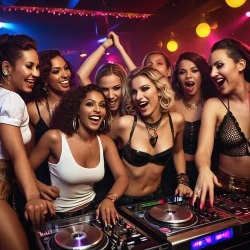 A vibrant and lively scene of a raunchy party taking place in the popular lesbian bar, Razzia. The dimly lit room is filled with diverse and attractive women, laughing and dancing together. A DJ booth