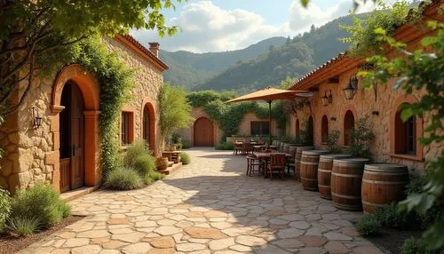 Rustic winery, earthy tone, rammed earth material, natural texture, organic shape, curved lines, wooden accents, vines crawling up walls, lush greenery surrounding, rolling hills background, sunny day