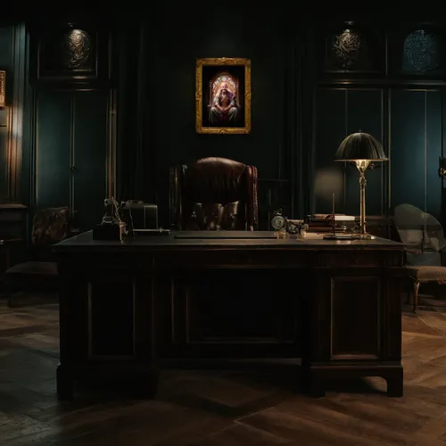 turn the external background part in to: a fantasy Renaissance office with a desk on the front,consulting room,dark cabinetry,a dark room,doll's house,danish room,secretary desk,doctor's room,the thro