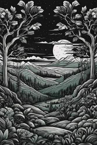 woodcut,david bates,cool woodblock images,woodblock prints,forest landscape,salt meadow landscape,spruce forest,birch tree illustration,lunar landscape,moonscape,night scene,moonlit night,swampy landscape,birch forest,moorland,winter landscape,carol colman,christmas landscape,woodblock printing,hand-drawn illustration,Illustration,Black and White,Black and White 18