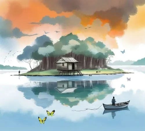 a cartoon of a small house sitting on the top of a small island,house with lake,lake tanuki,forest lake,kanto,floating island,cloudcroft,Illustration,Vector,Vector 05