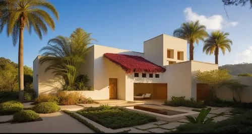 EL EXTERIOR DE UNA CASA CON ESTILO MEXCANO MODERNO, USO DE COLORES VIBRANTES, MATERIALES REFIONALES, TEJA, VIGAS DE MADERA, EN UN AMBIENTE EXUBERANTE, ESTANQUE DE AGUA AL FRENTE, PROPORCION, EXCELENTE