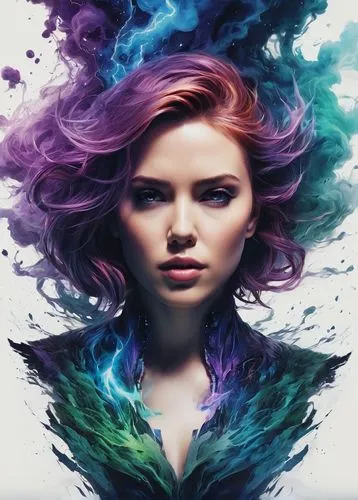 woman Scarlett johanssen dark,hair coloring,mystical portrait of a girl,dye,fantasy art,fantasy portrait,fae,aura,artist color,world digital painting,la violetta,fairy peacock,ultraviolet,photoshop ma