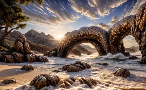 fantasy landscape,natural arch,rock arch,stargate,dragon bridge,futuristic landscape,virtual landscape,three point arch,fantasy picture,3d fantasy,fractals art,fantasy art,rainbow bridge,fractal environment,portals,world digital painting,limestone arch,alien world,heaven gate,sea cave