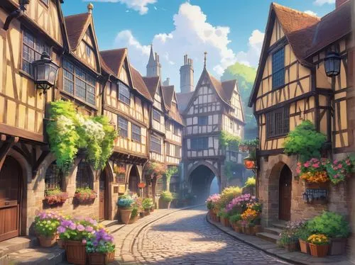 medieval street,highstein,medieval town,colmar,townscapes,knight village,alsace,colmar city,banneret,rothenburg,violet evergarden,half-timbered houses,sylvania,the cobbled streets,ruelle,strasbourg,bremen,old town,lohr,cobblestone,Illustration,Japanese style,Japanese Style 03