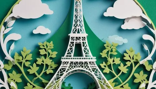 Eiffel Tower, iron lattice structure, curved lines, ornate details, iconic Parisian landmark, cloudy blue sky, lush green trees, vibrant flowers, romantic atmosphere, warm afternoon lighting, 3/4 comp