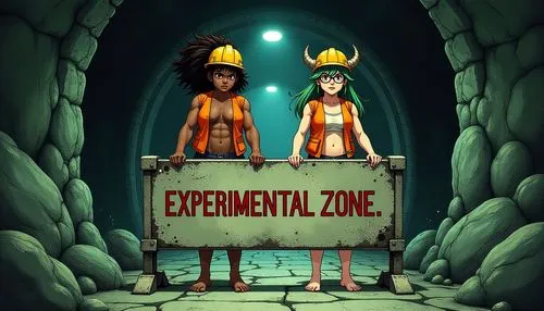 A Gothic safety barrier printed with the words, "Experimental zone"

Two women are holding the barrier.

One is a barefoot, scowling, muscular, burly Polynesian girl, with ebony skin.

The other is a 