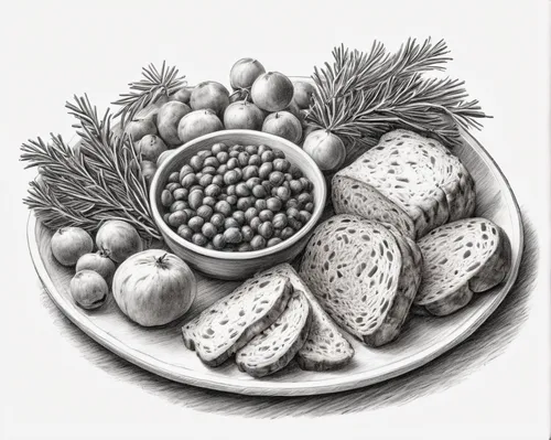 saucisson de lyon,cheese plate,hors' d'oeuvres,duxelles,pecorino romano,tapenade,pine nut,pecorino sardo,food table,antipasti,leittafel,fruit plate,pine nuts,charcuterie,grana padano,prussian asparagus,eastern european food,stravecchio-parmesan,bread ingredients,saint-paulin cheese,Illustration,Black and White,Black and White 35