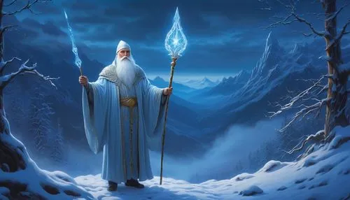 father frost,gandalf,eternal snow,the snow queen,the wizard,white walker,suit of the snow maiden,albus,wizard,fantasy picture,the white torch,male elf,archimandrite,elven,northrend,glory of the snow,light bearer,hieromonk,mage,excalibur,Illustration,Realistic Fantasy,Realistic Fantasy 27