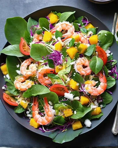 Transport yourself to a tropical paradise with a colorful vegetable prawn salad topped with coconut flakes.,shrimp salad,vegetable prawn salad,avocado shrimp salad,sea salad,spinach salad,cut salad,ca