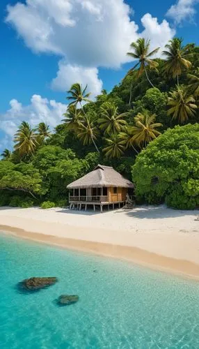 A beautiful beach on a deserted island, with a hut in the background.,grenadines,mustique,tropical beach,seychellois,cook islands,caribbean beach,fiji,caribbean,tobago,the caribbean,tropical island,an