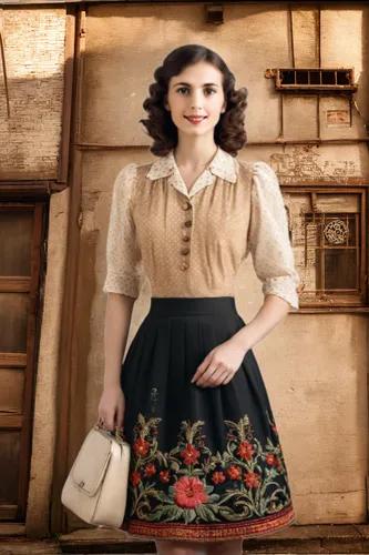 standing outside a 1940s workshop,vintage woman,vintage women,antique background,dressmaker,vintage girl,vintage dress,miss circassian,vintage clothing,overskirt,vintage fashion,hoopskirt,girl in a hi