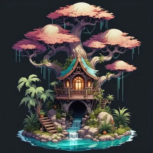 treehouse,tree house,wishing well,forest house,fairy house,treehouses,Illustration,Abstract Fantasy,Abstract Fantasy 11