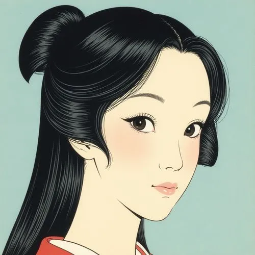 The image features a close-up portrait of a person with dark, straight hair that has a glossy sheen. The hair is styled with a small, round bun on the top left side of the head, and the rest of the ha