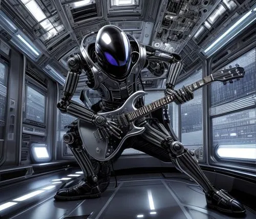 The alien robotic guitarist from the future in titanium inside his spaceship,random access memory,electric guitar,guitar player,acoustic-electric guitar,concert guitar,guitar,metal toys,jazz guitarist