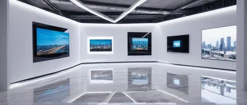 Modern architectural digest, design show, futuristic exhibition hall, sleek white walls, polished marble floors, minimalist decor, geometric shapes, LED lights, interactive displays, giant screens, st