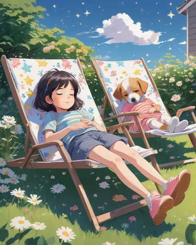 summer day,idyllic,idyll,summer background,resting,playmat,lazing around,studio ghibli,summer icons,relaxing reading,napping,lying down,summer season,summer feeling,sun-bathing,summer,relaxing,summer sky,hiyayakko,dream world,Illustration,Paper based,Paper Based 07