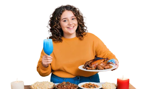 Happy girl, Thanksgiving theme, holding turkey leg, smiling face, bright eyes, curly brown hair, light makeup, yellow sweater, blue jeans, sneakers, standing in front of a table, abundance of food, ca