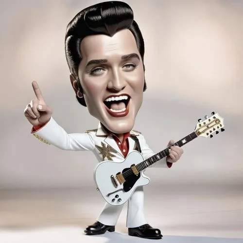 Caricature style drawing of a celebrity, big head, small body, exaggerated facial expressions. A 3D animated character resembling Elvis Presley, wearing a whiteA jumpsuit with red and gold accents, bl