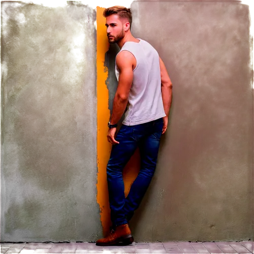 Muscular man, gay, solo, (25yo), fit physique, short blonde hair, trimmed beard, earrings, sleeveless shirt, low-rise jeans, boots, confident pose, leaning against wall, urban background, warm lightin